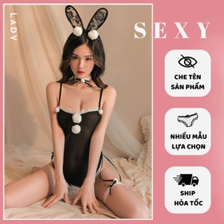 Set cosplay thỏ bông trắng sexy gợi cảm Bodysuit đồ ngủ liền thân bunny đen xẻ đáy quyến rũ
