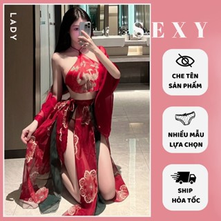Váy Ngủ Kết Hợp Yếm + Khăn Voan Họa Tiết Công Gợi Cảm, Đầm Ngủ Nữ Cosplay Mỹ Nữ Cổ Trang Quyến Rũ