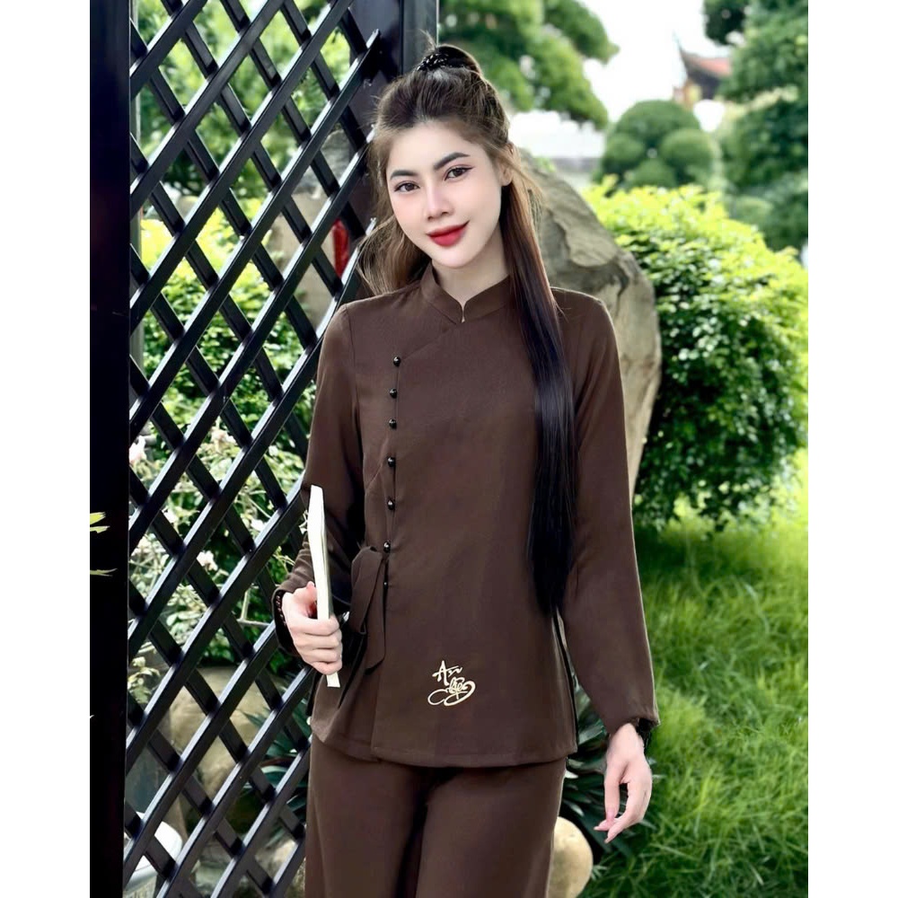 Bộ Đi Lễ Chùa, Pháp Phục Nữ  Đũi Xước Thái MPB Trắng Cổ Tàu Thêu Sen 2 Cúc Đũa Cài Vạt Lệch Cao Cấp 