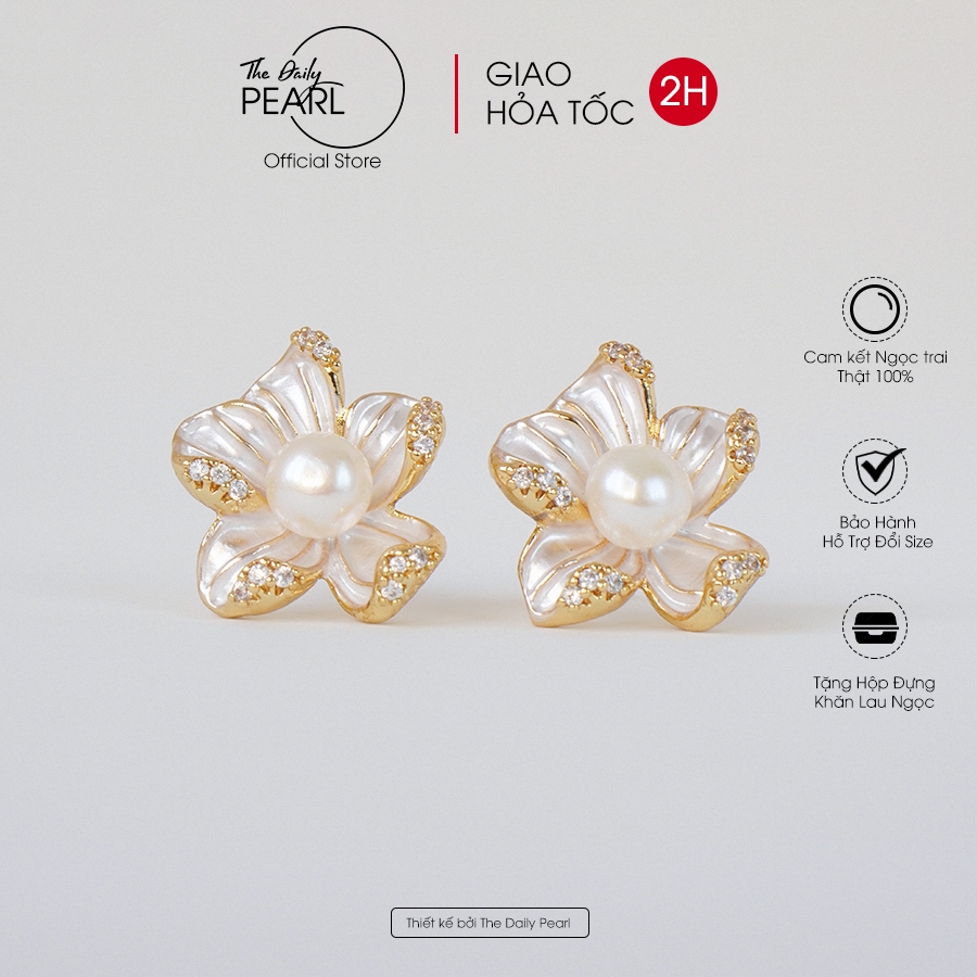 Bông tai Flora ngoc trai nước ngọt 5-6mm dáng bánh bao, độ sáng 5A, kim cài bạc S925 cao cấp