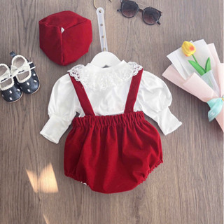 (Kèm Mũ Nồi) Body Chip Thu Đông Dài Tay Cho Bé Gái Từ Sơ Sinh 3-11kg Áo Trắng Yếm Nhung Đỏ Tay Bồng