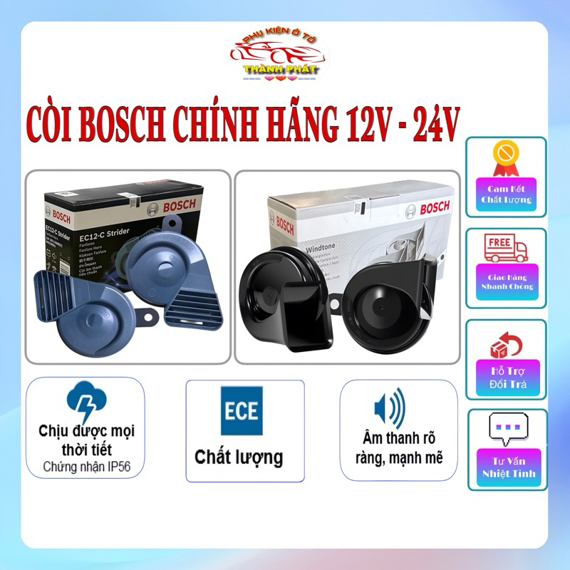 Còi sên ô tô 12V và 24V Bosch chính hãng cho xe hơi xe tải xe khách - Kèn Bosch chống nước chuẩn ECE