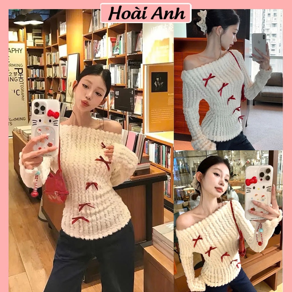 Áo Len Lông Thỏ Trắng Trễ Lệch Vai Đính Nơ Đỏ Nổi Dài Tay Diện Noel Giáng Sinh