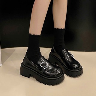 Giày đốc nữ, giày 2 khuy vuông dáng Oxford đế răng cưa 5cm da bóng sang chảnh mã H70