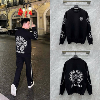  Áo sweater len nam nữ Chrome Hearts dệt hoạ tiết logo dải chữ vòng tròn hai mặt gấu rách boy phố AN79P 