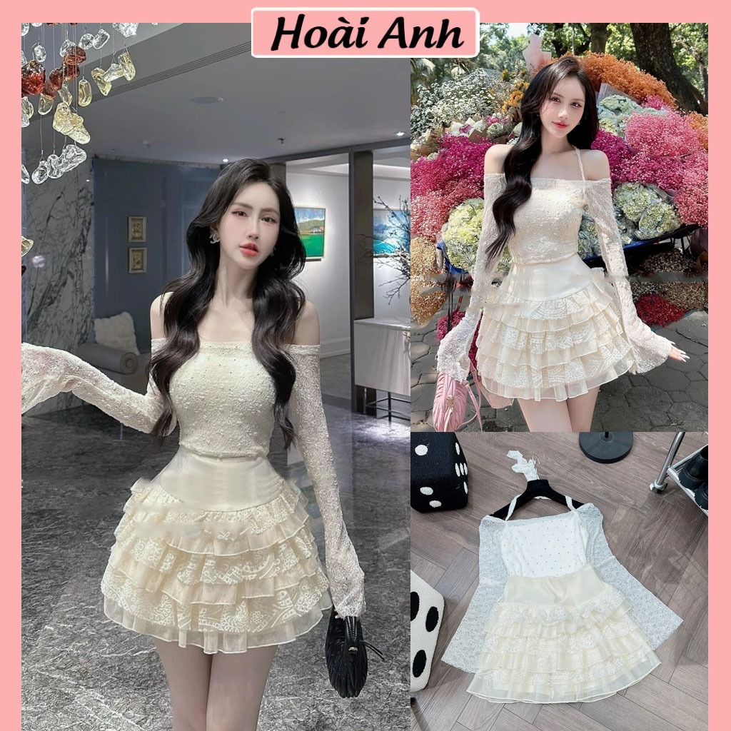 Set Bộ Đồ Nữ Áo Trễ Vai Ren Lưới Đá Nổi Tay Xòe Có Lót Trong Dây Buộc Yếm Mix Chân Váy Tơ Nhũ Ren Xếp Tầng Freesize