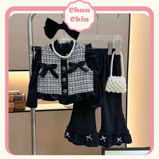  S096 Chun Chin | Set 3 Chi Tiết Gile Dạ Tweed Đính Nơ Quần Nhung Tăm Ống Loe Cho Bé Gái 9-21kg 