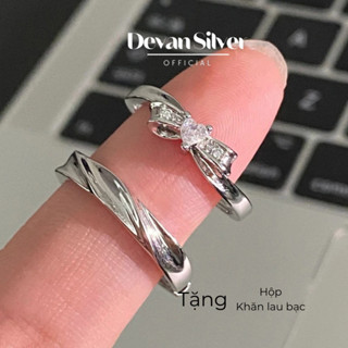 Nhẫn đôi bạc đeo nam nữ DEVAN, cặp nhẫn Nơ thắt đính đá trái tim ngọt ngào bạc Ý tự điều chỉnh size DEVAN SILVER