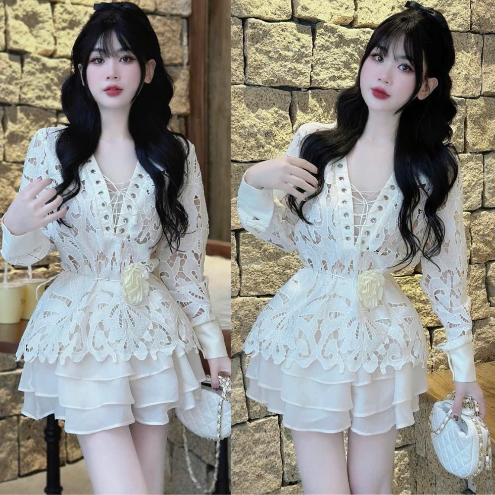Set Váy Bánh Bèo Áo Cổ V Ren Dài Tay Kèm Chân Váy Tơ Nhiều Tầng MELLYSTORE Chất Liệu Ren Tơ Cao Cấp Đẹp Sang Trọng