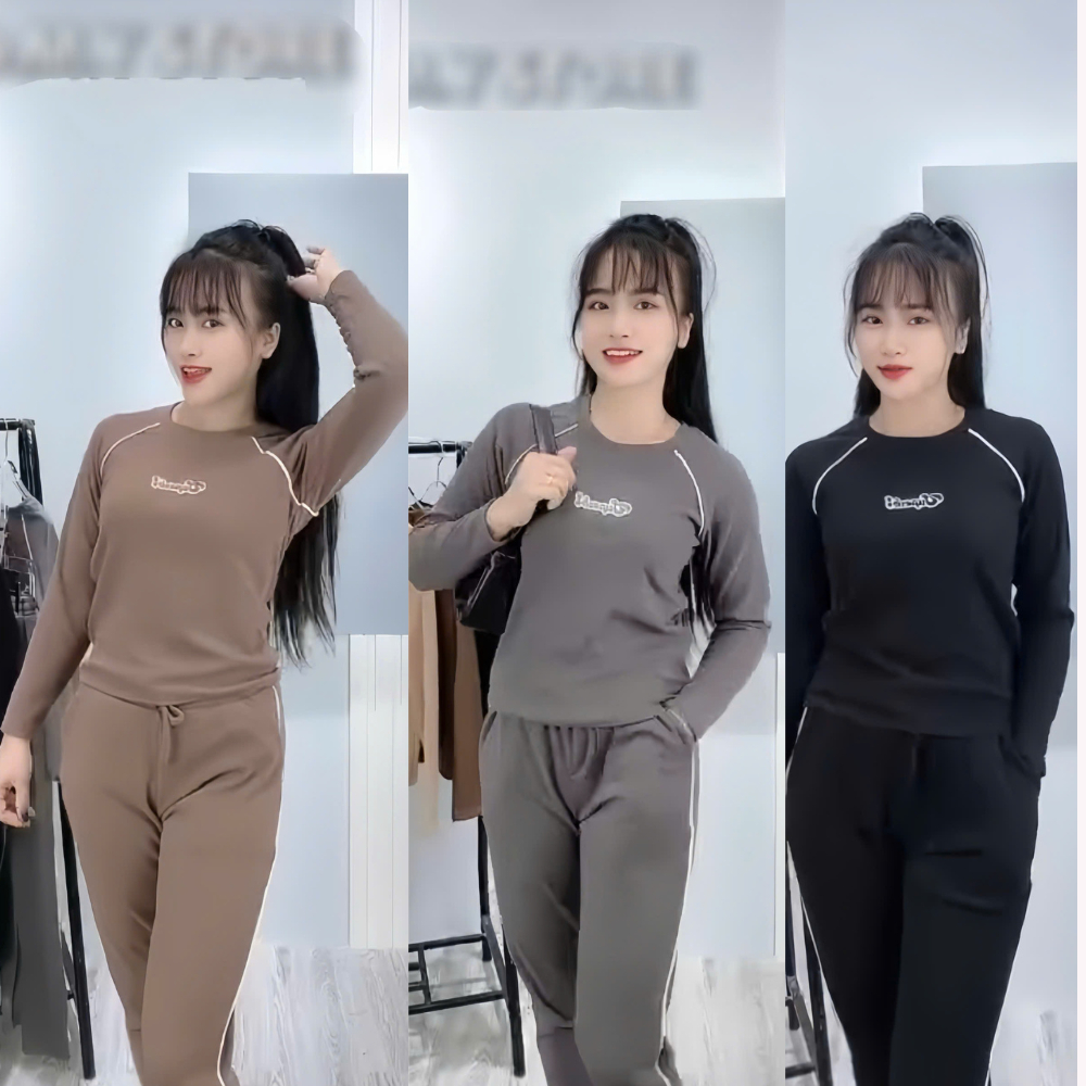 Bộ nữ thu đông chất vải thun tăm, Set đồ nữ thu đông quần áo dài tay trẻ trung phong cách Hàn Quốc