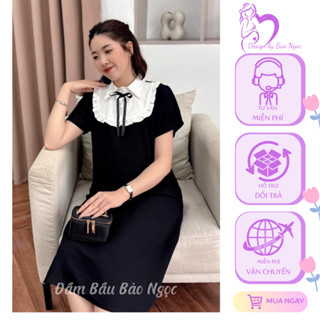 Váy Bầu Công Sở Đen Phối Cổ Đức Trắng, Đầm Bầu Thiết Kế Bảo Ngọc, Dáng Suông Không Nhăn