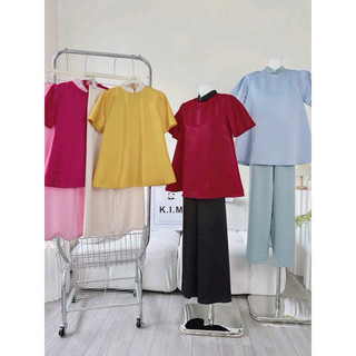 ( Hàng có sẵn ) Set áo cổ tàu phối viền + Quần suông lụa ống rộng