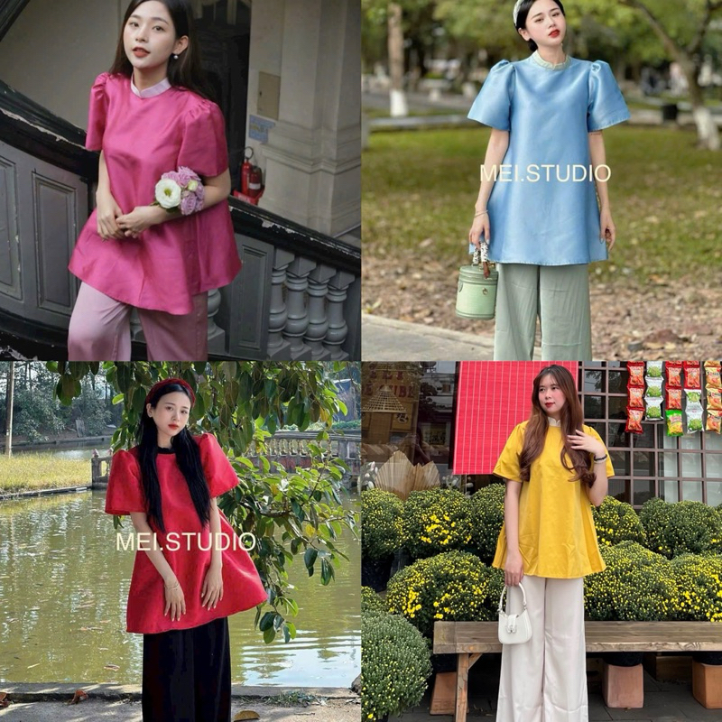 ( Hàng có sẵn ) Set áo cổ tàu phối viền + Quần suông lụa ống rộng