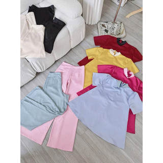 ( Hàng có sẵn ) Set áo cổ tàu phối viền + Quần suông lụa ống rộng