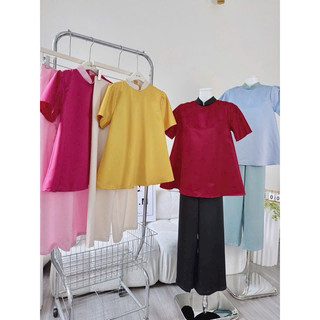 ( Hàng có sẵn ) Set áo cổ tàu phối viền + Quần suông lụa ống rộng