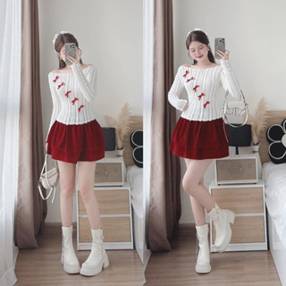  Set áo len lông thỏ phối chân váy nhung  chất nhung cứng xoè đứng form  