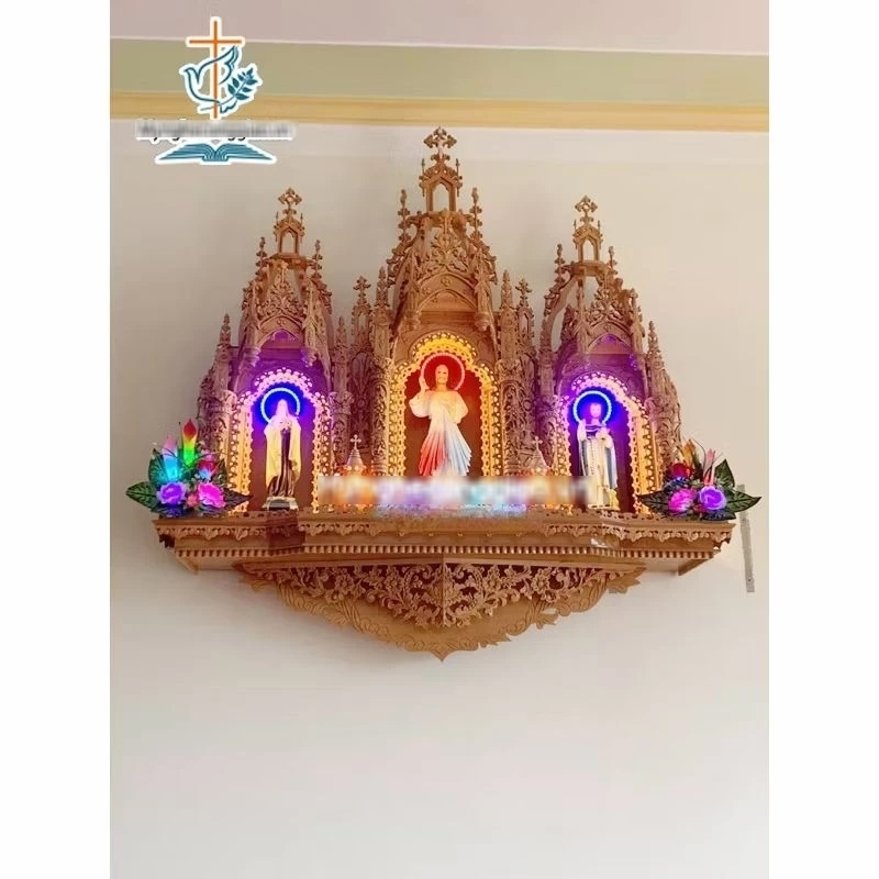 Bộ bàn thờ chúa 3 buồng 12 cột toà kép gỗ gõ đỏ | bàn thờ công giáo bằng gỗ treo tường cao cấp | tòa