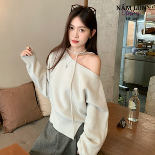  Áo trễ vai Nấm Lùn Clothes Áo lệch vai màu xám trắng Áo len dệt kim kèm dây Áo thu đông dài tay A102 