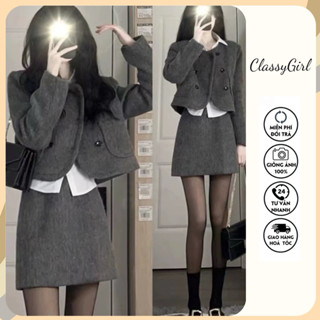  Set Áo Khoác Dạ Ép + Chân Váy Ôm Phong Cách Hàn Quốc Thời Trang Cho Nữ Hàng Quảng Châu Cao Cấp 