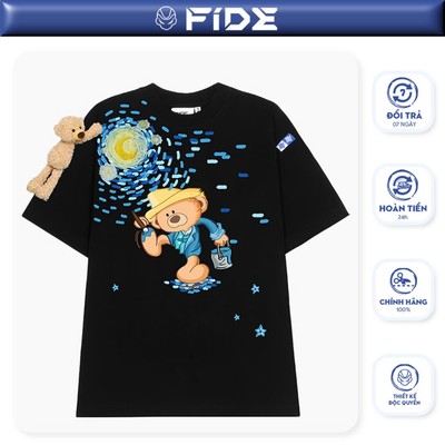 Áo thun FIDE TEEDY phông cotton unisex nam nữ form rộng cổ tròn áo đính gấu - AT35(TẶNG KÈM GẤU)