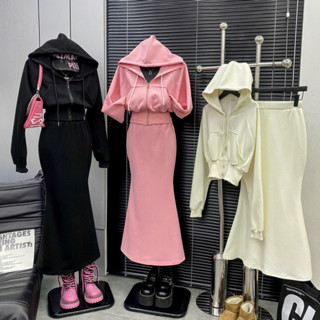 Set nỉ áo mũ khóa croptop kèm chân váy đuôi cá năng động cực chất