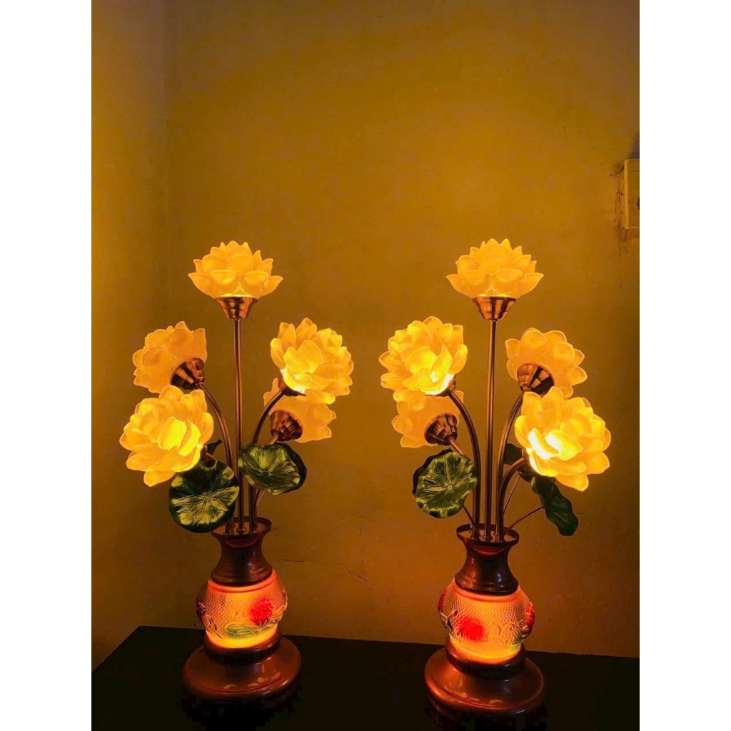 Đèn Thờ Lục Bình Lưu Ly Hoa Sen 5 bông CAO CẤP có Led - Đồ Trang Trí Bàn Thờ Gia Tiên, Bàn Phật TẶNG Kèm Bóng LED