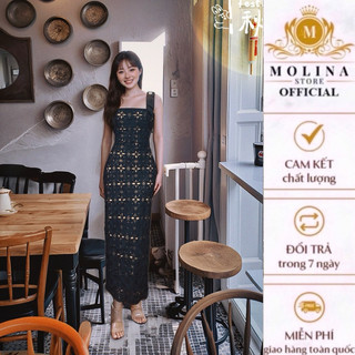 Đầm Maxi Ren 2 Dây Dáng Ôm Body Thiết Kế Molina Đính Đá Nơ Vai Nữ Tính Quyến Rũ, Phù Hợp Đi Tiệc Sang Trọng