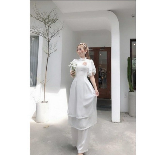 Áo dài cách tân 4 tà hoa ngực kèm quần vải lụa co giãn ÁO DÀI BẢO HIẾU.