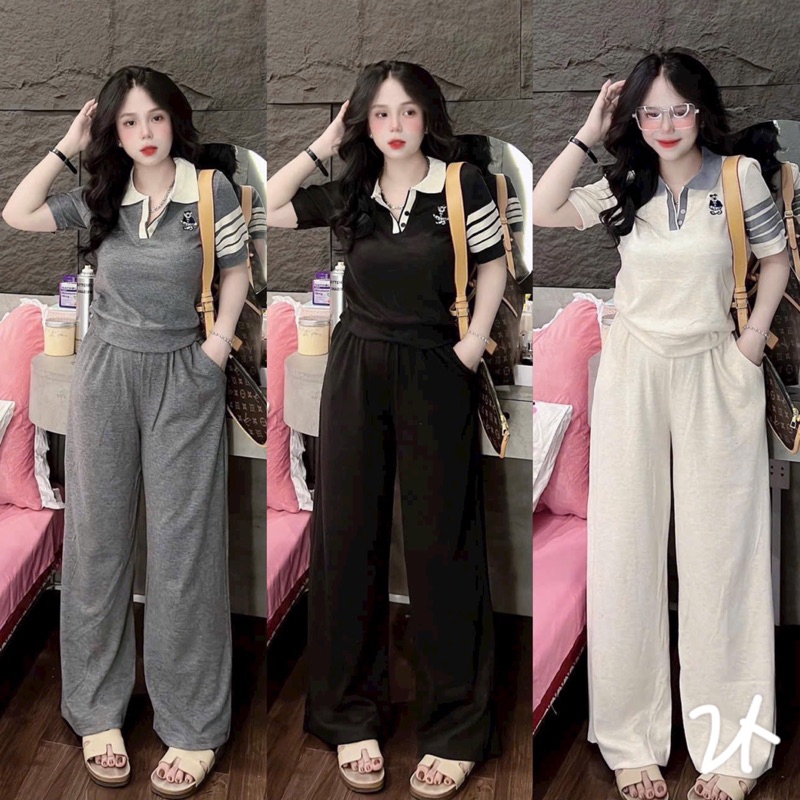 RẺ VÔ ĐỊCH _ Set Bộ Tăm Lạnh Áo Polo Tay Ngắn Sọc Thêu Logo Cún Croptop + Quần Ống Xuông Rộng _ Xưởng May Thu Lê
