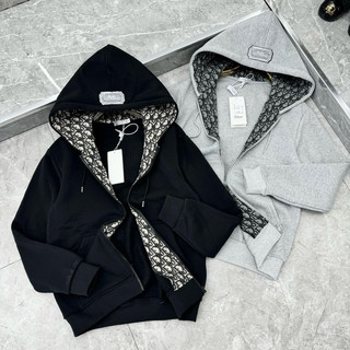 Áo khoác hoodie zip nam nữ CD nỉ bông thêu logo mũ 2 lớp lót vải dệt vân chữ thổ cẩm monogram HZ43P