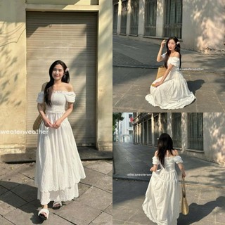  VÁY MAXI THÔ BOI XÒE TẦNG TRỄ VAI TAY BỒNG metwo.dearu - Đầm thô ren hoa dài QC cổ vuông chun ngực chiết eo tiểu thư HQ 