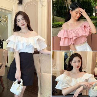 Áo Croptop Bèo Ngực 2 Tầng Tiểu Thư Hàn Quốc, Áo Nữ Hở Vai Thiết Kế Dạo Phố , Đi Biên Ôm Eo Tôn Dáng Cực Xinh Giá Rẻ