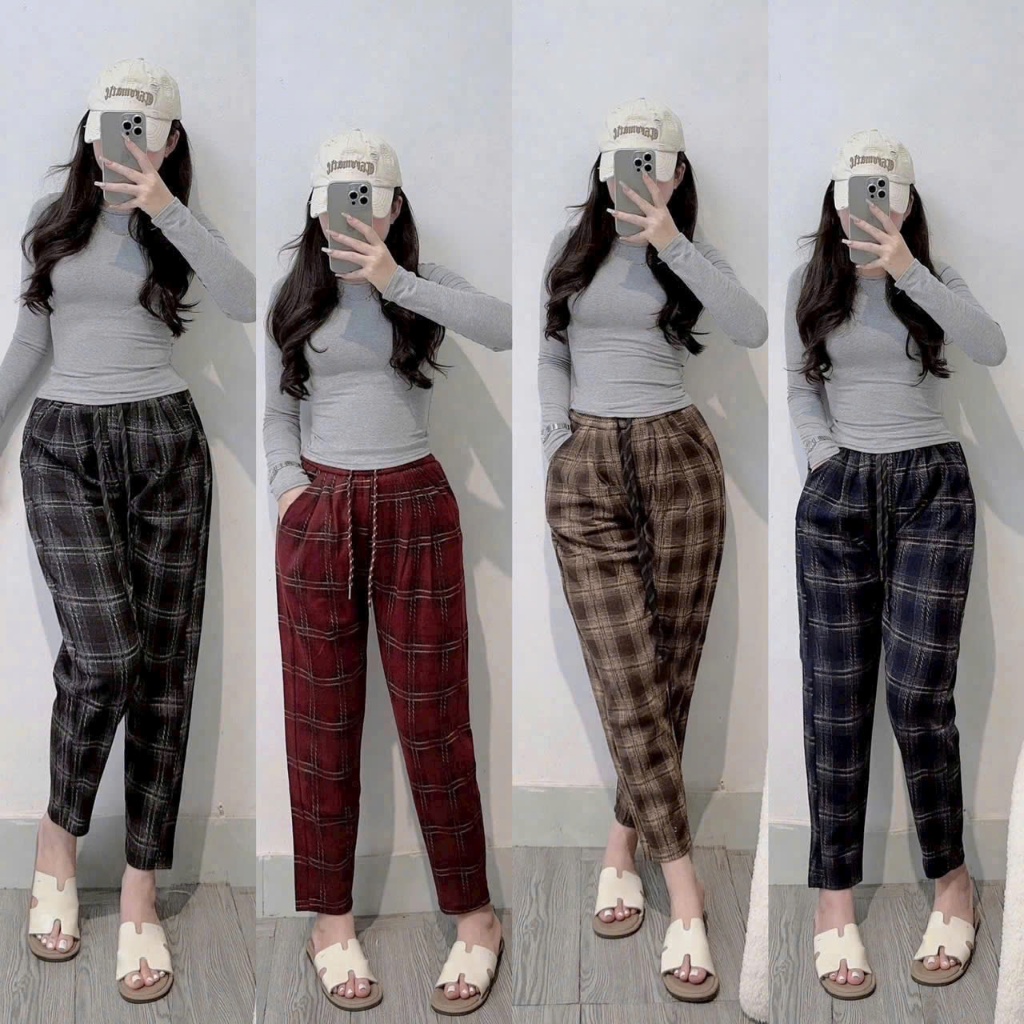  Quần Baggy Nữ  kẻ Sọc Caro ChẤT Dạ ép Cao Cấp Co giãn 4 chiều -M229 