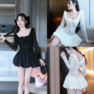 [V1.840] Váy Ren Cổ Vuông Bèo Kèm Nơ Phối Thô Dáng Bom Phồng 2 Màu Hàng 2 Lớp (có lót quần, form ngắn)