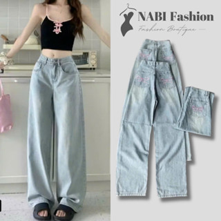  Quần Jean Ống Suông Nữ NABI Fashion - Quần Bò Ống Rộng Thêu Nơ Hồng Xinh Xắn  Chất Jean Mềm Mịn Basic Dễ Phối Đồ 