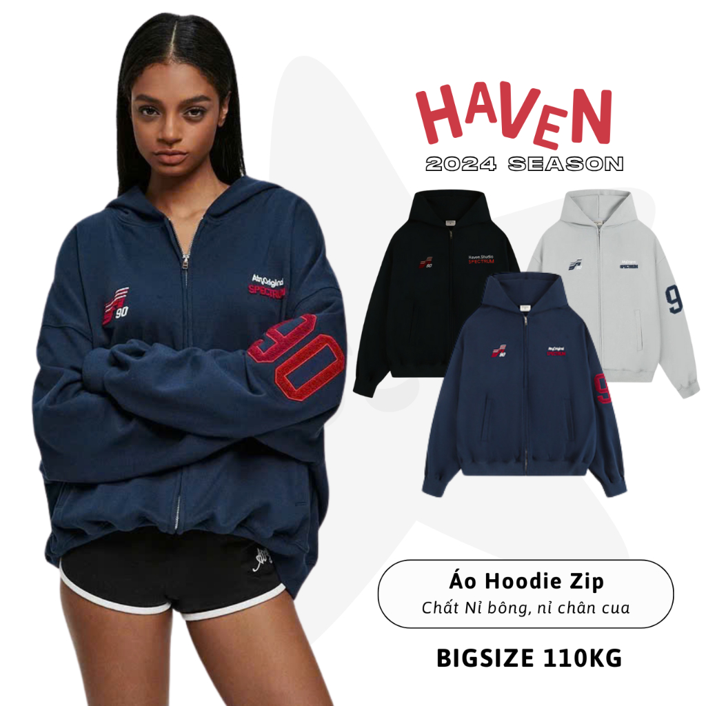 Áo Khoác Hoodie Zip boxy bigsize Haven Studio nam nữ rộng chất nỉ cua thêu màu đen xám xanh đen
