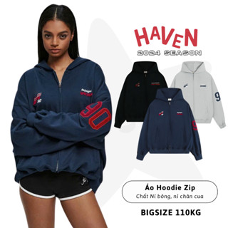 Áo Khoác Hoodie Zip boxy bigsize Haven Studio nam nữ rộng chất nỉ cua thêu màu đen xám xanh đen