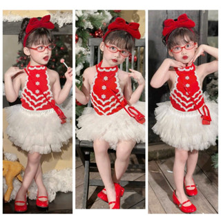 Bộ chân váy lưới tutu màu trắng + áo cổ lọ đỏ pha ren cho bé gái