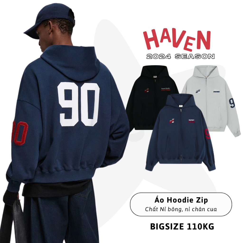 Áo khoác nam hoodie zip form boxy bigsize Haven rộng chất liệu vải nỉ cua màu đen xanh đen xám