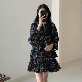 Váy Nữ Babydoll Dáng Xòe Họa Tiết Hoa Nhí Tone Đen Dài Tay Style Hàn Quốc