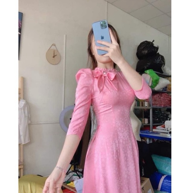 Áo dài gấm lụa nơ ngực kèm quần co giãn nhẹ dáng dài beo cổ tay lỡ ÁO DÀI BẢO HIẾU.