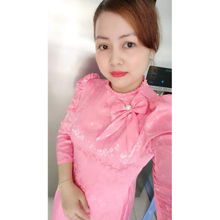 Áo dài gấm lụa nơ ngực kèm quần co giãn nhẹ dáng dài beo cổ tay lỡ ÁO DÀI BẢO HIẾU.