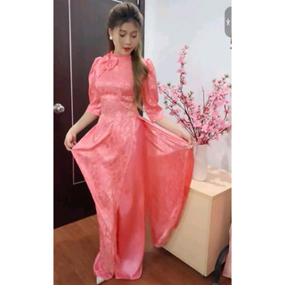 Áo dài gấm lụa nơ ngực kèm quần co giãn nhẹ dáng dài beo cổ tay lỡ ÁO DÀI BẢO HIẾU.
