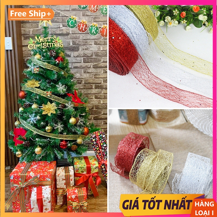( Cuộn 5 mét ) Ruy băng ren lưới kim tuyến trang trí Noel, cây thông Noel