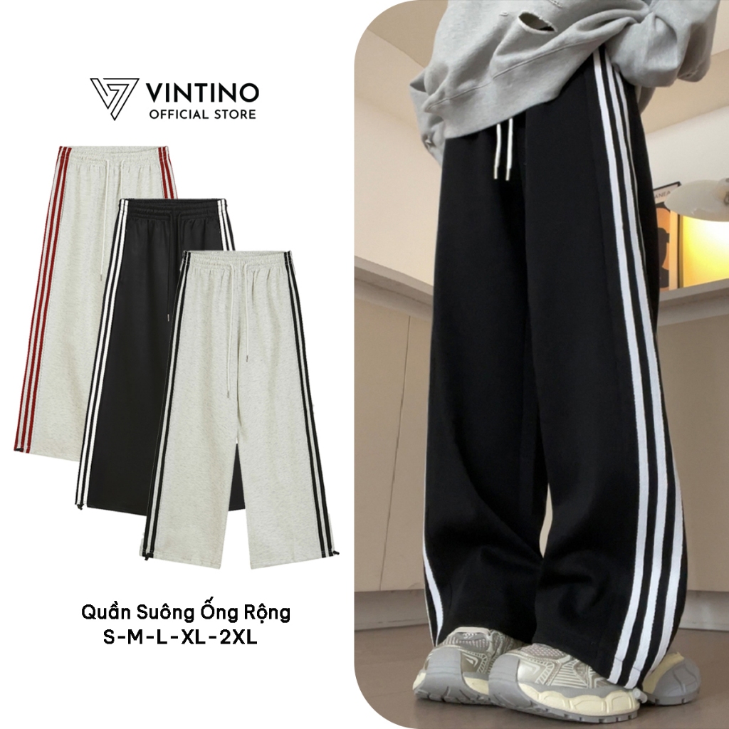 Quần Dài Ống Rộng VINTINO Form Suông Unisex Vải Nỉ Cotton Thiết Kế Sọc Kèm Dây Rút Gấu Thể Thao Q3S