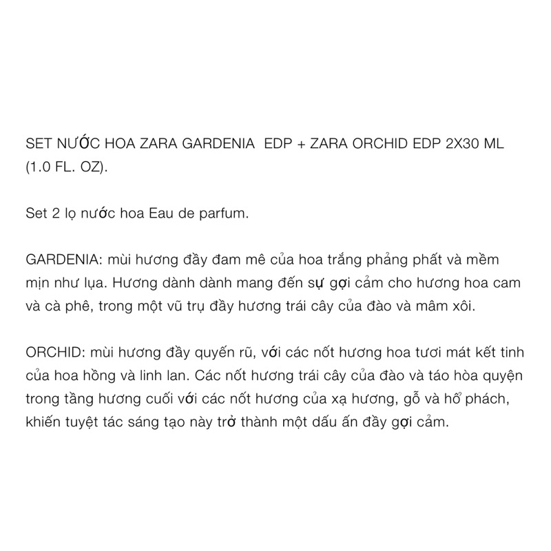 Sale Set Nước Hoa Zara 2 Chai Gardenia & Orchid (Hàng Châu Âu) | BigBuy360 - bigbuy360.vn