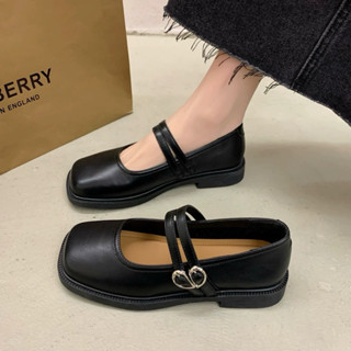  Giày lolita nữ đế bệt da lì 2 quai cài- giày búp bê đế thấp mũi vuông da mềm 