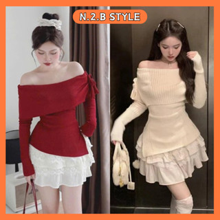 Set váy nữ - Áo len tăm trễ vai thắt nơ ngang vai mix chân váy xoè tầng phối ren bánh bèo tiểu thư