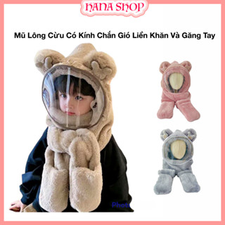 Mũ Len Trùm Đầu Liền Khăn Và Găng Tay Có Kính Chắn Gió  Cho Bé, Nón Len Lông Cừu Có Bao Tay Ấm Áp