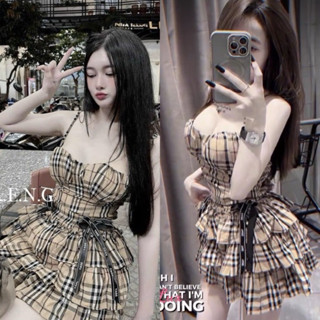 Set Bộ Nâu BBR Áo Hai Dây Cúp Khuôn Ngực Croptop + Chân Váy 3 Tầng Lưng Chun Có Lót Quần